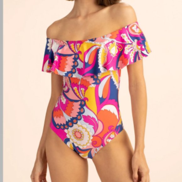 Trina Turk Sevilla Off the Shoulder Ruffle One Piece Swim Suit size 8 - Picture 1 of 12